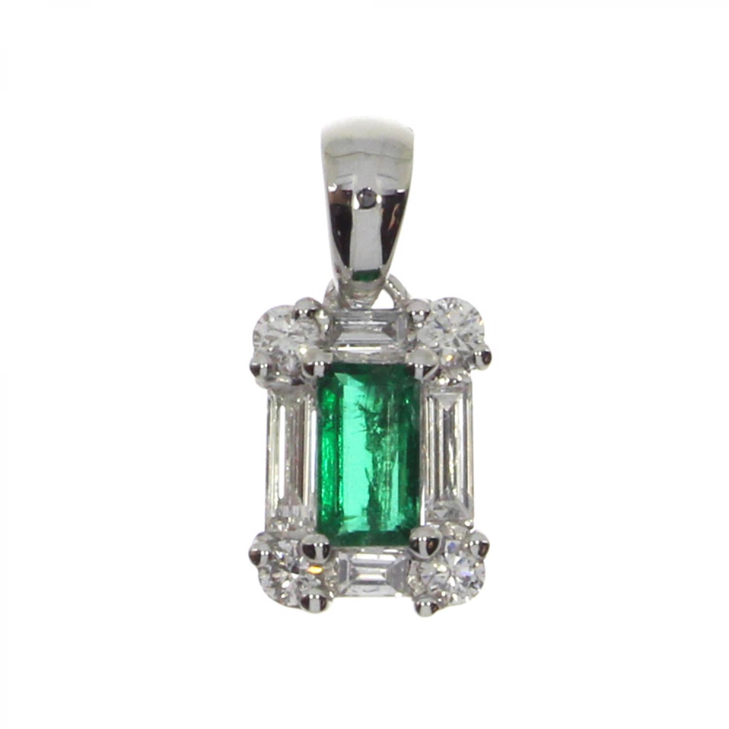 14K White Gold Baguette Diamond and Emerald cut Ruby Precious Pendant