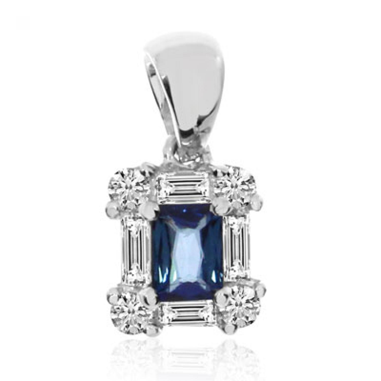14K White Gold Baguette Diamond and Emerald cut Sapphire Precious Pendant