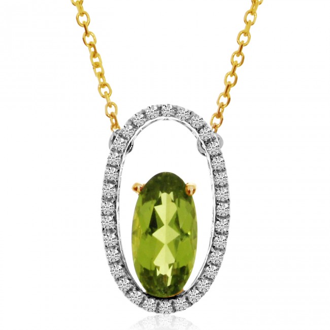 14K Two Tone White and Yellow Gold 10x5 mm Oval Peridot and Diamond Oblong Fashi