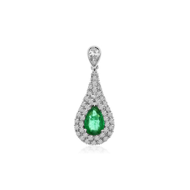 14K White Gold Pear Emerald and Pave AA Diamond Precious Pendant