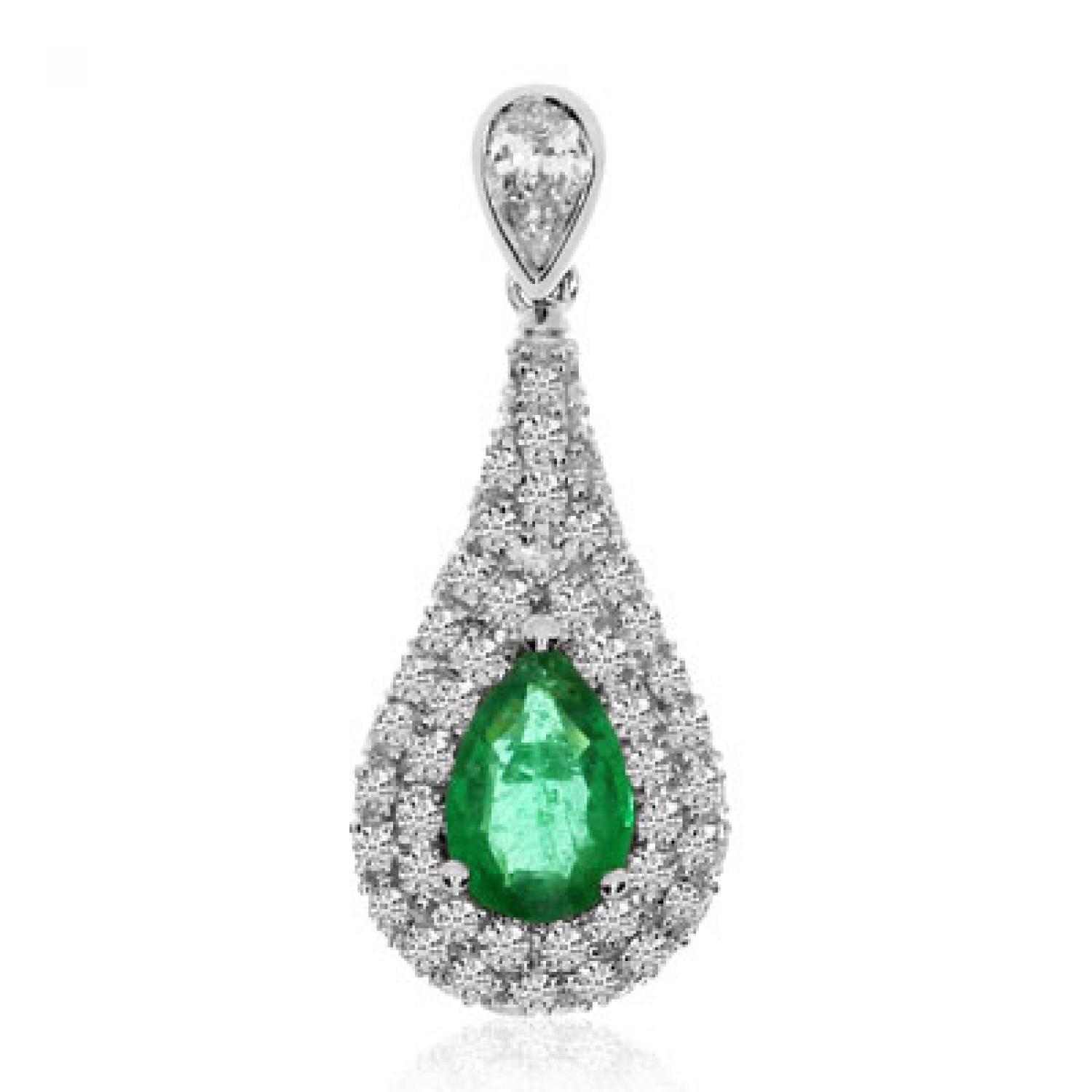 14K White Gold Pear Emerald and Pave AA Diamond Precious Pendant