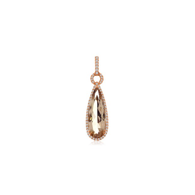 14K Rose Gold 20x7 mm Pear Shape Morganite and AA Diamond Long Fashion Pendant
