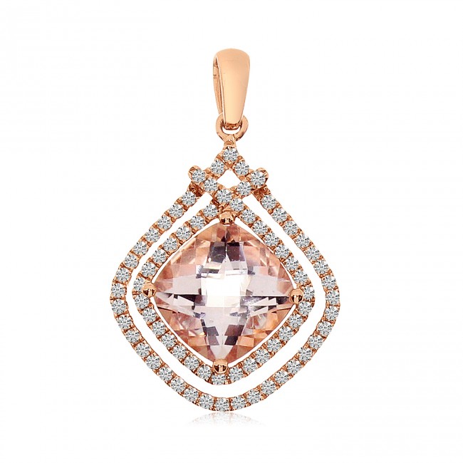 14K Rose Gold 7mm Cushion Morganite and 2 Row Diamond Fashion Pendant