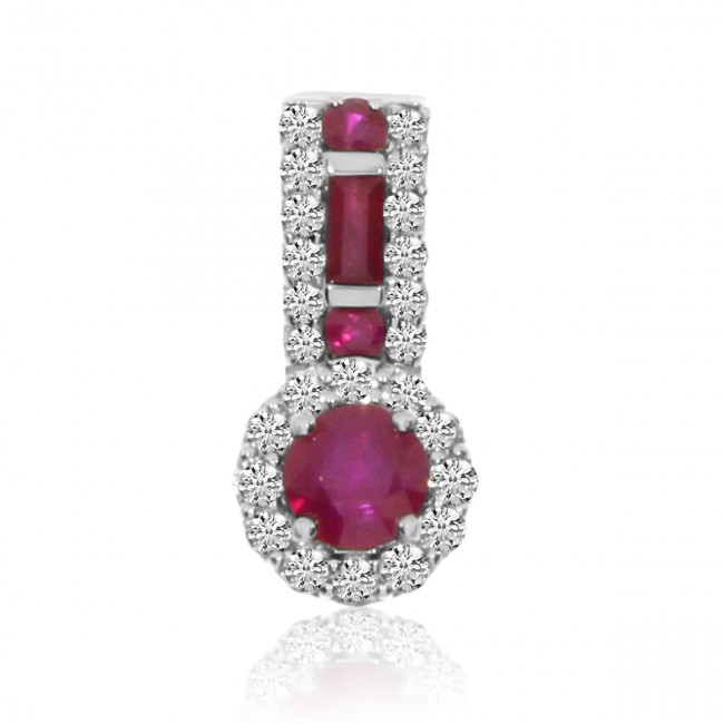 14K White Gold Round and Princess Rubies Diamond Halo Precious Fashion Pendant