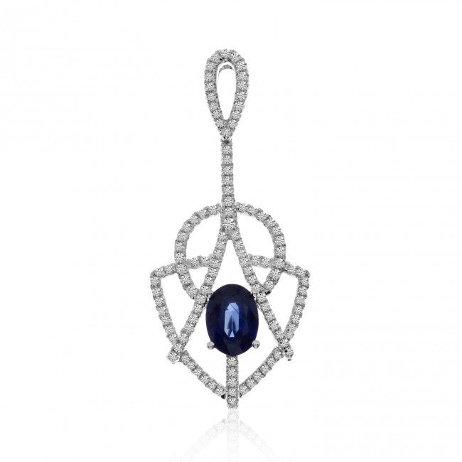 14K White Gold Oval Sapphire and Diamond Precious Fashion Pendant
