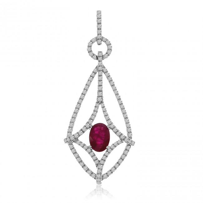 14K White Gold Oval Ruby and Diamond Long Precious Fashion Pendant