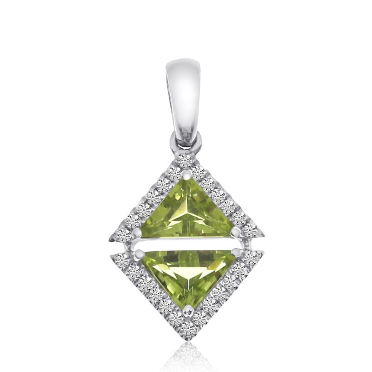 14K White Gold Double Octagon Peridot and Diamond Semi Precious Triangle Fashion