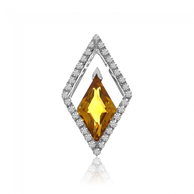 14K White Gold Trillion Citrine and Diamonds Semi Precious Slide Pendant