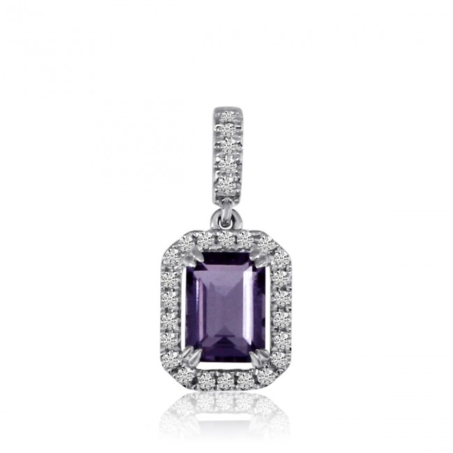 14K White Gold Octagon Amethyst and Diamond Semi Precious Drop Pendant