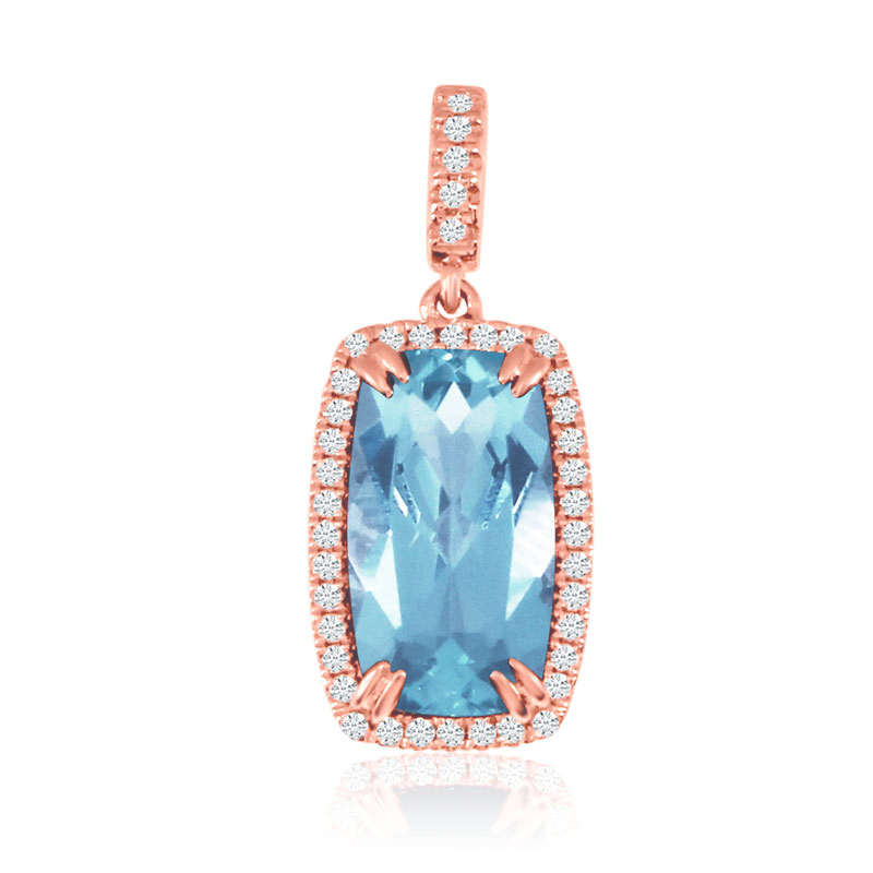 14K Rose Gold Octagon Cushion Blue Topaz and Diamond Pendant