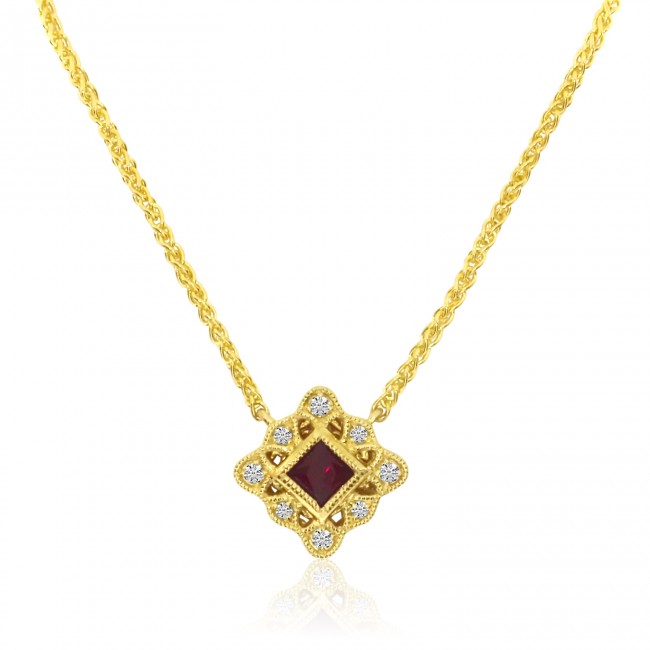 14K Yellow Gold Princess Ruby and Diamond Filigree Precious Necklace