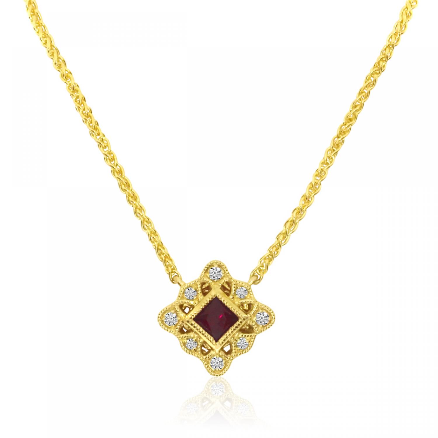 14K Yellow Gold Princess Ruby and Diamond Filigree Precious Necklace