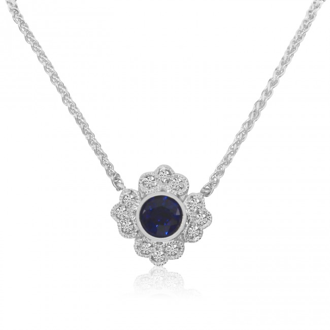14K White Gold Round Sapphire and Diamond Filigree Precious Necklace