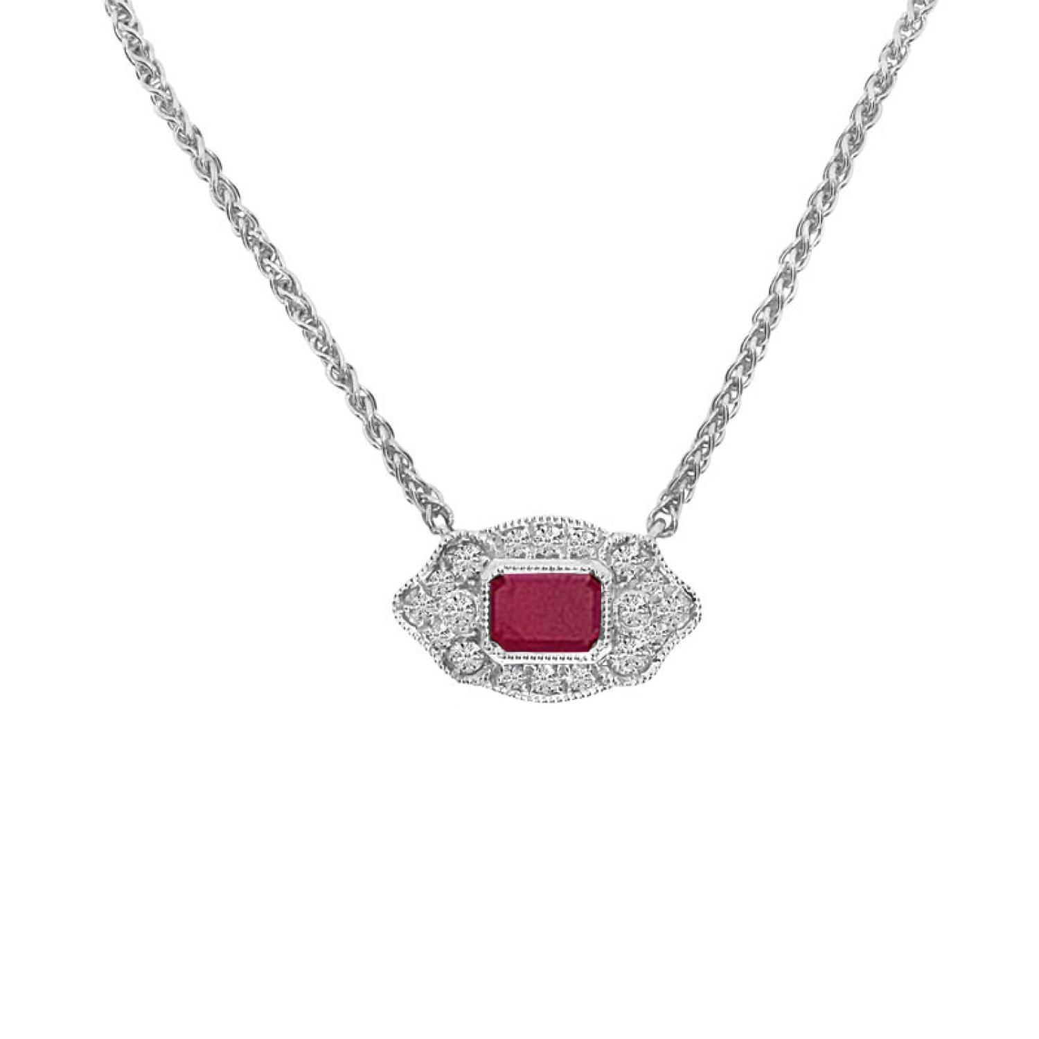 14K White Gold Octagon Sapphire and Diamond Filigree Precious Necklace
