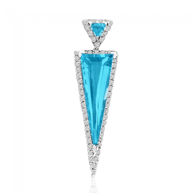 14K White Gold Double Triangle Semi Precious Blue Topaz and Diamond Fashion Pend