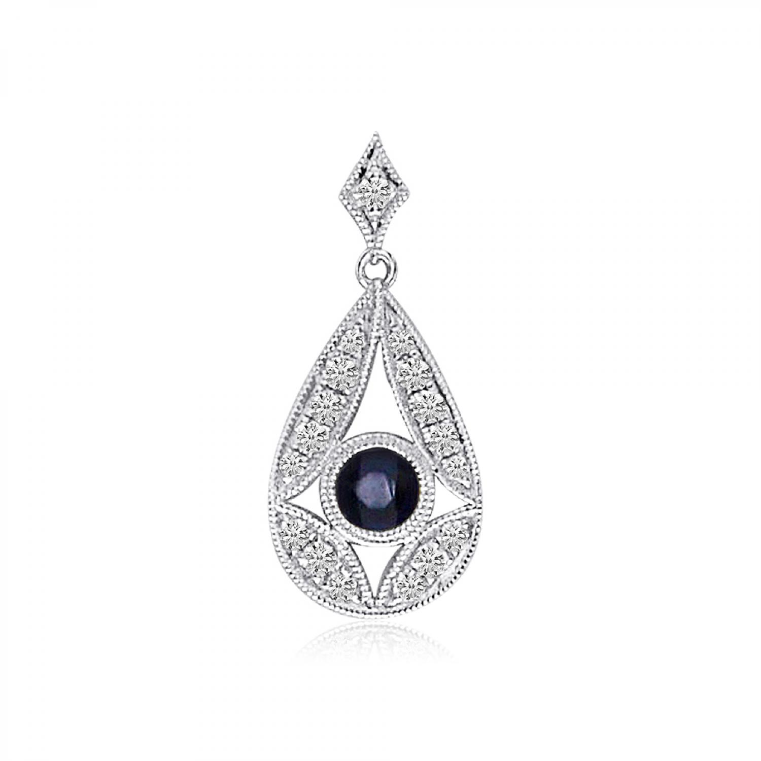 14K White Gold Round Sapphire and Diamond Pear Shape Precious Pendant