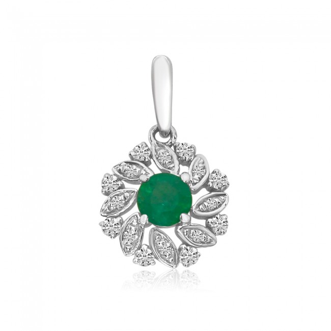 14K White Gold Round Emerald and Diamond Precious Floral Pendant
