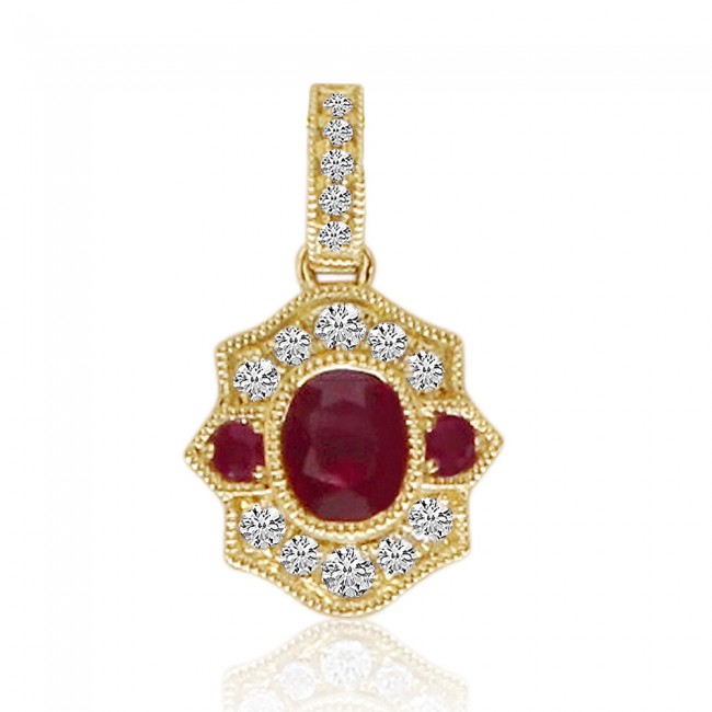 14K Yellow Gold Oval Ruby and Diamond Precious Pendant