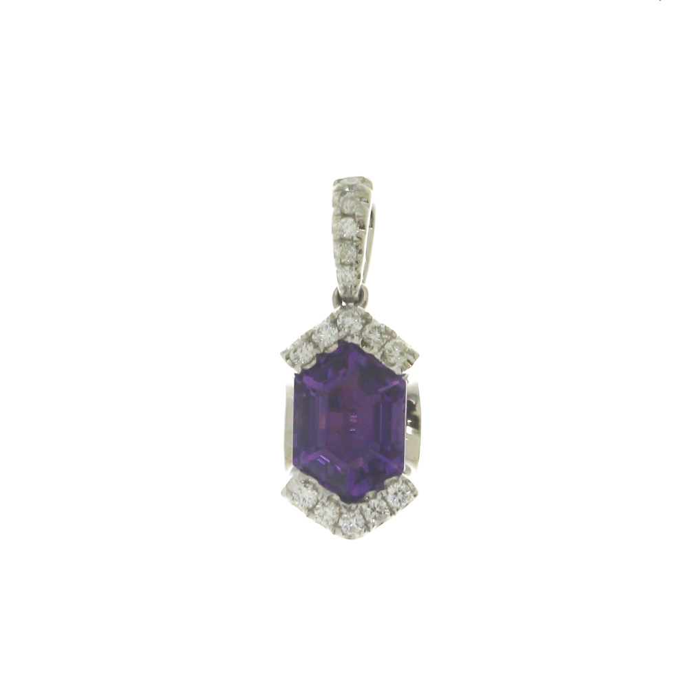 14K White Gold Hexagon Amethyst and Diamond Semi Precious Pendant