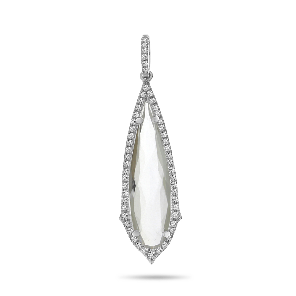 14K White Gold Long Fancy White Topaz and Diamond Dangle Pendant