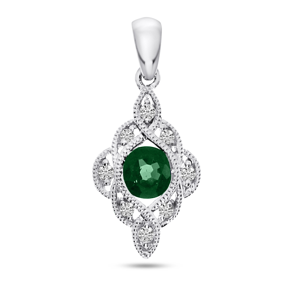 14K White Gold Round Emerald and Diamond Precious Pendant