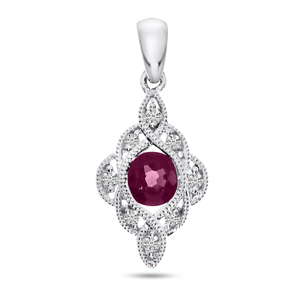 14K White Gold Round Ruby and Diamond Precious Pendant