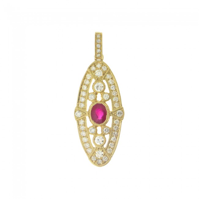 14K Yellow Gold Precious Ruby and Diamond Oval Art Deco Pendant