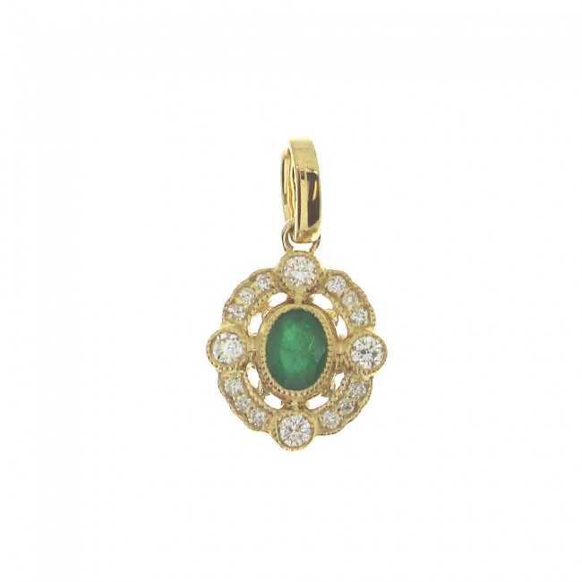 14K Yellow Gold Petite Precious Oval Emerald and Diamond Pendant