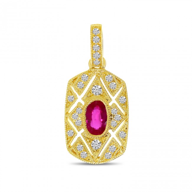 14K Yellow Gold Art Deco Precious Ruby and Diamond Rectangular Pendant