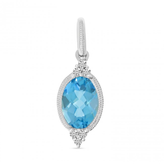 14K White Gold Oval Blue Topaz with Diamond Semi Precious Pendant