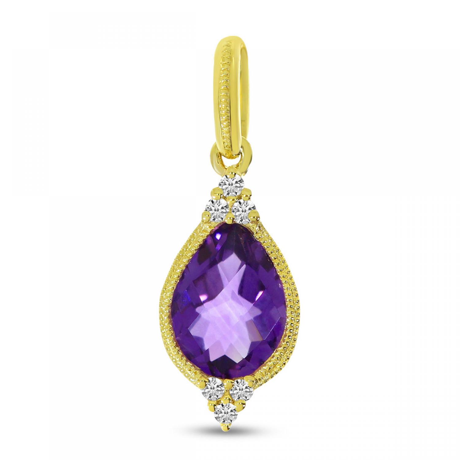 14K Yellow Gold Pear Amethyst and Diamond Semi Precious Pendant