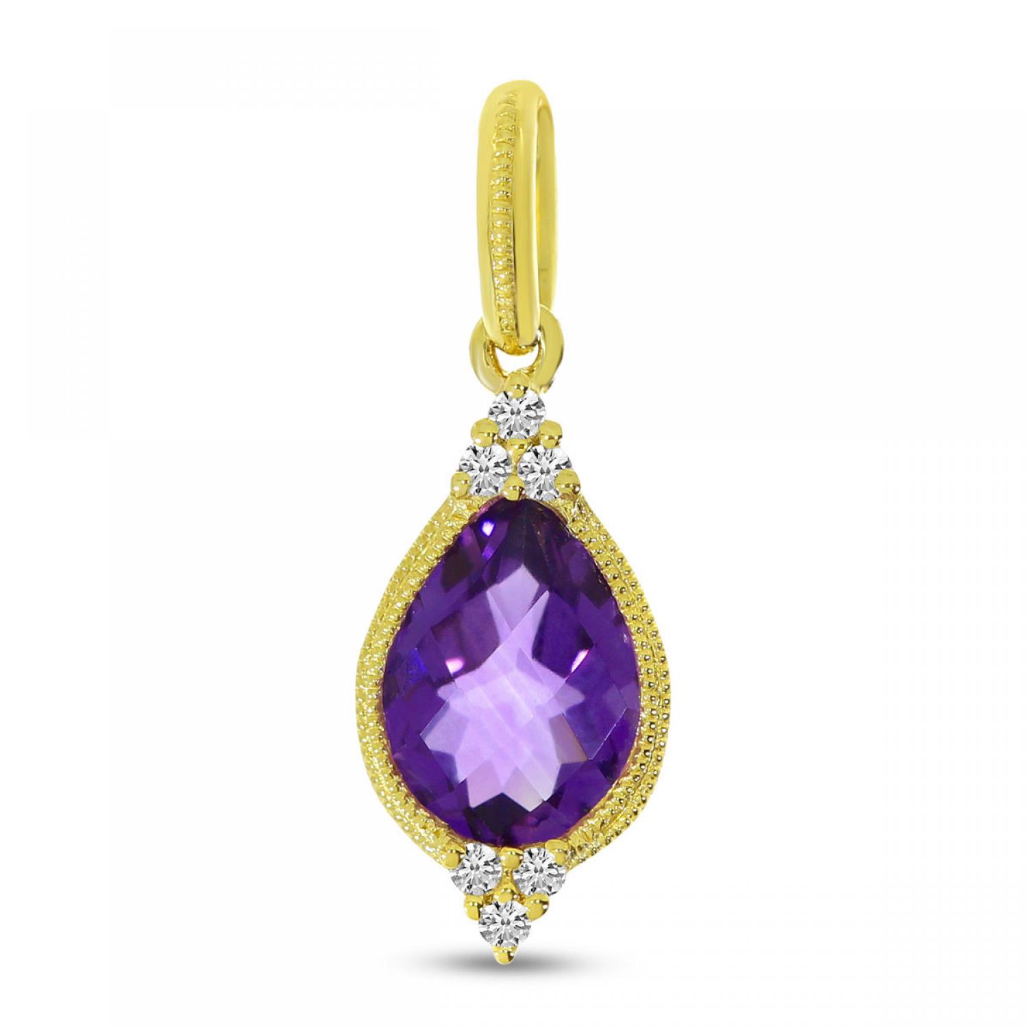 14K Yellow Gold Pear Amethyst and diamond Semi Precious Pendant