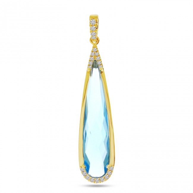 14K Yellow Gold Elongated Pear Blue Topaz and Diamond Semi Precious Fashion Pend