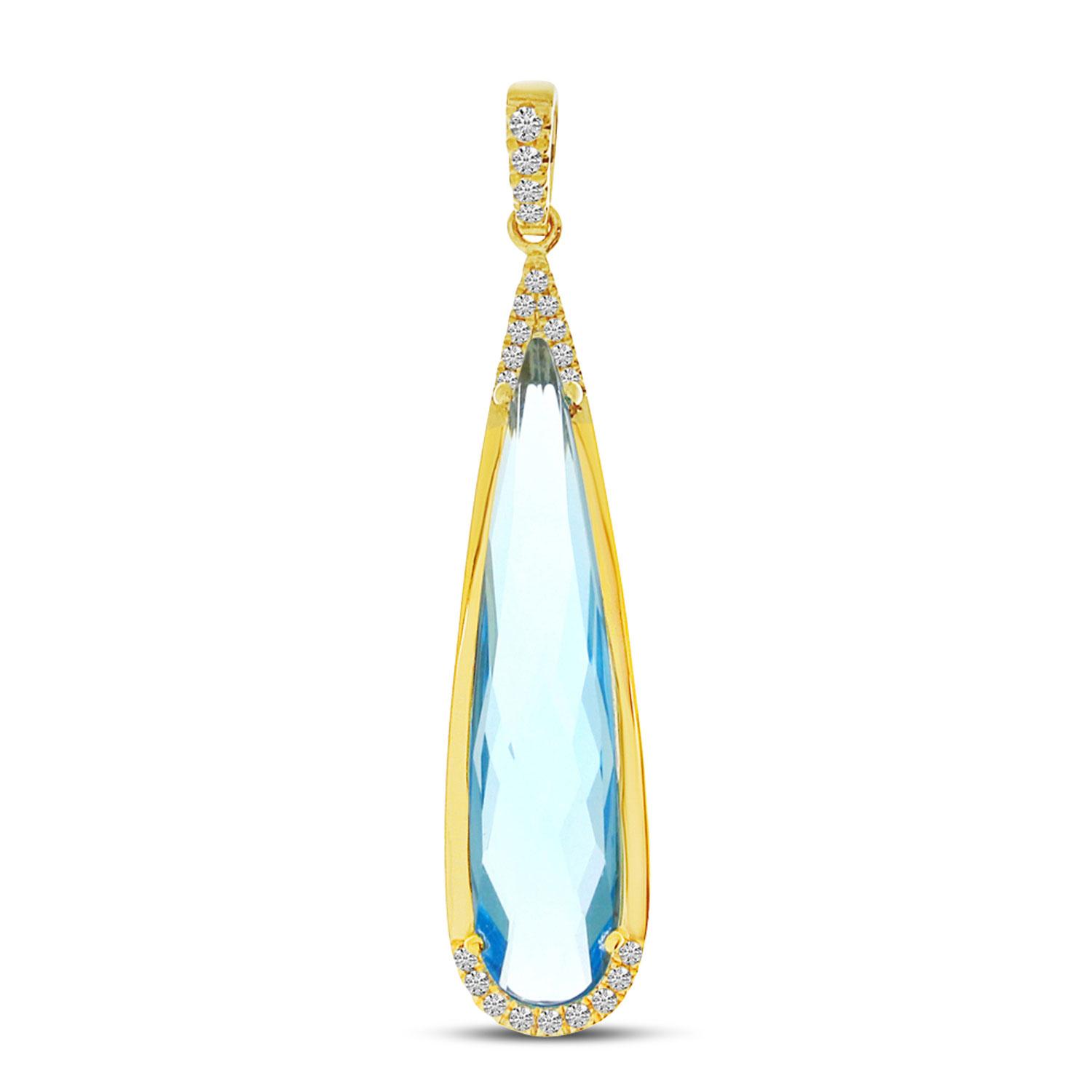 14K Yellow Gold Elongated Pear Blue Topaz and Diamond Semi Precious Fashion Pend