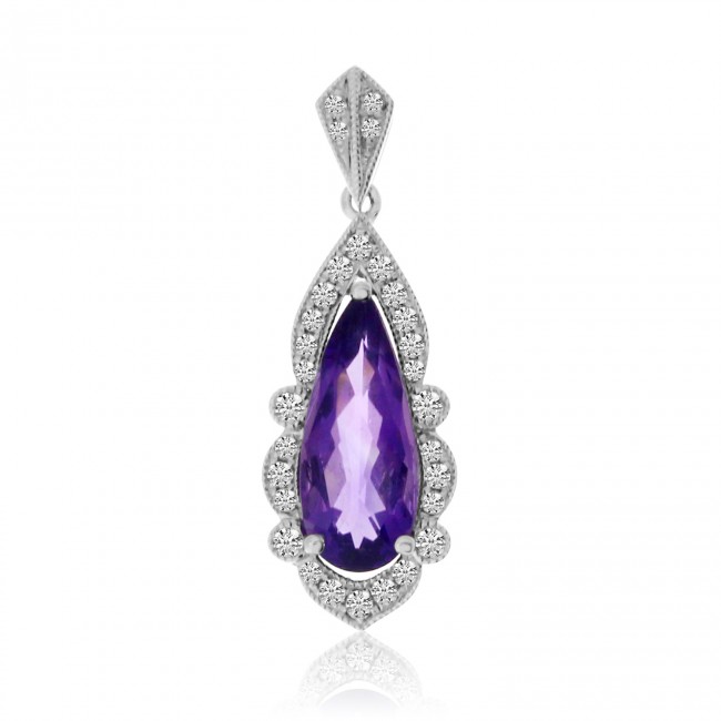 14K White Gold Long Pear Amethyst and Diamond Semi Precious Pendant