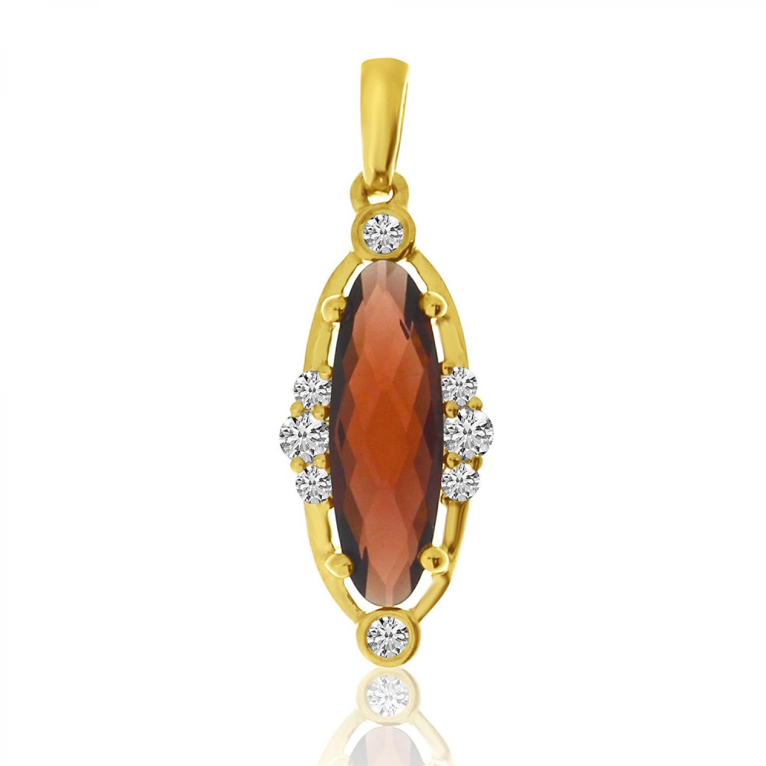 14K Yellow Gold Long Oval Garnet and Diamond Semi Precious Pendant