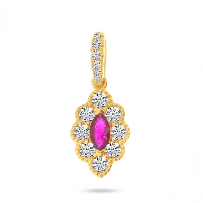 14K Yellow Gold Marquise Ruby and Diamonds Precious Beaded Pendant