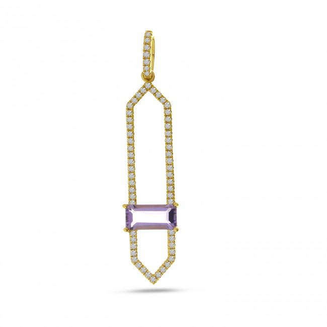 14K Yellow Gold Emerald Cut Amethyst North South Diamond Fashion Pendant