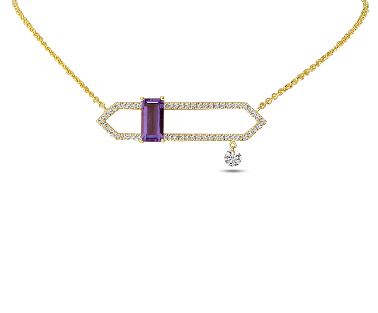 14K Yellow Gold Dashing Diamonds Open Amethyst Semi Precious Necklace