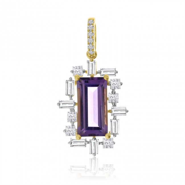 14K Yellow Gold Emerald Cut Amethyst with Princess and Baguette Diamond Halo Sem