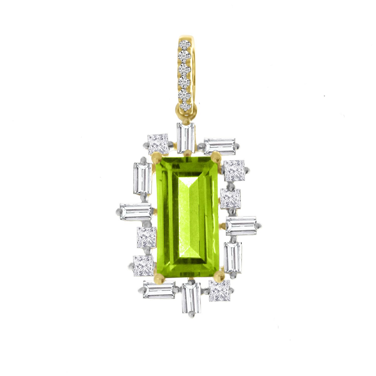 14K Yellow Gold Peridot  Emerald Cut and Baguette Diamond Pendant