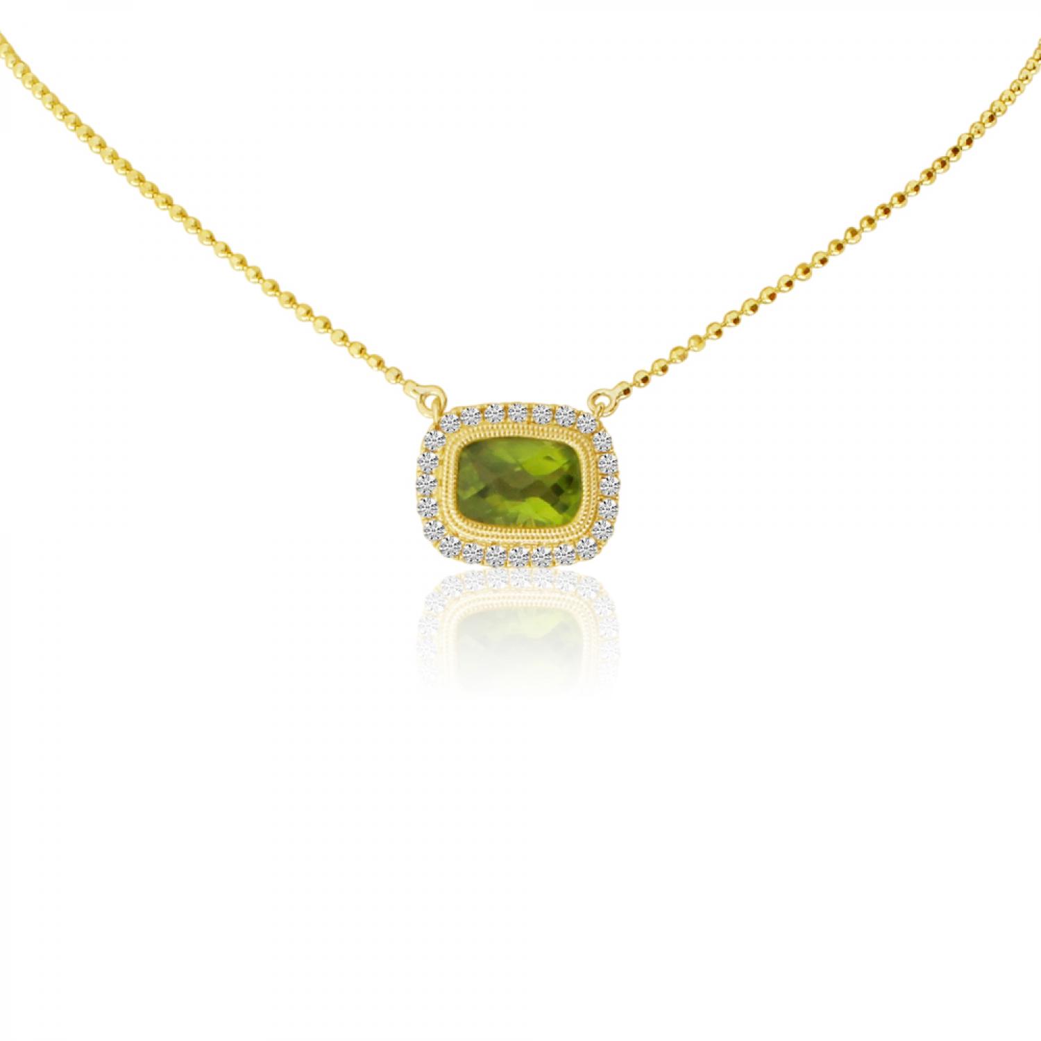 14K Yellow Gold Cushion Peridot with Diamonds Semi Precious Necklace