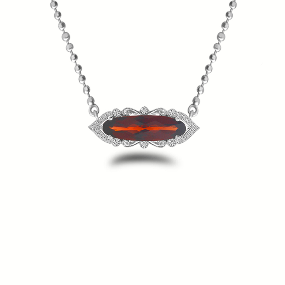 14K White Gold East 2 West Oval Garnet and Diamond Semi Precious Necklace