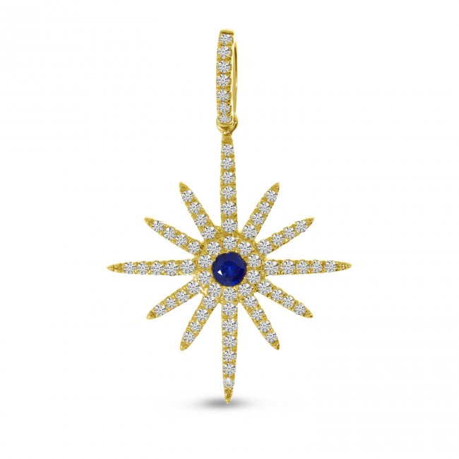 14K Yellow Gold Precious Sapphire and Diamond Starburst Pendant