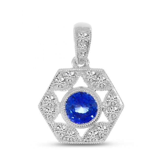 14K White Gold genuine Sapphire and Diamond Precious Hexagon Pendant