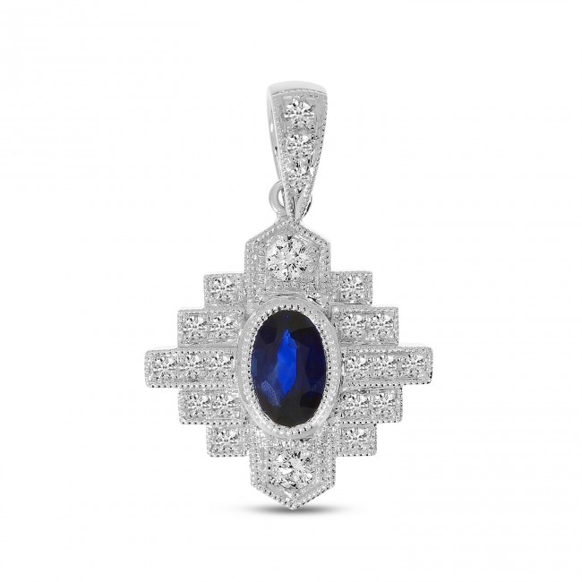 14K White Gold Precious Oval Sapphire and Diamond Art Deco Pendant