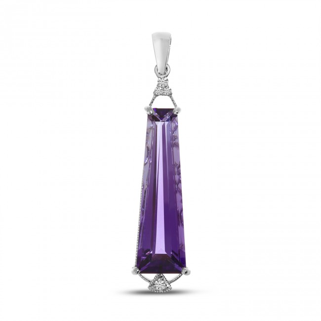 14K White Gold Fancy Cut Amethyst and Diamond Semi Precious Pendant