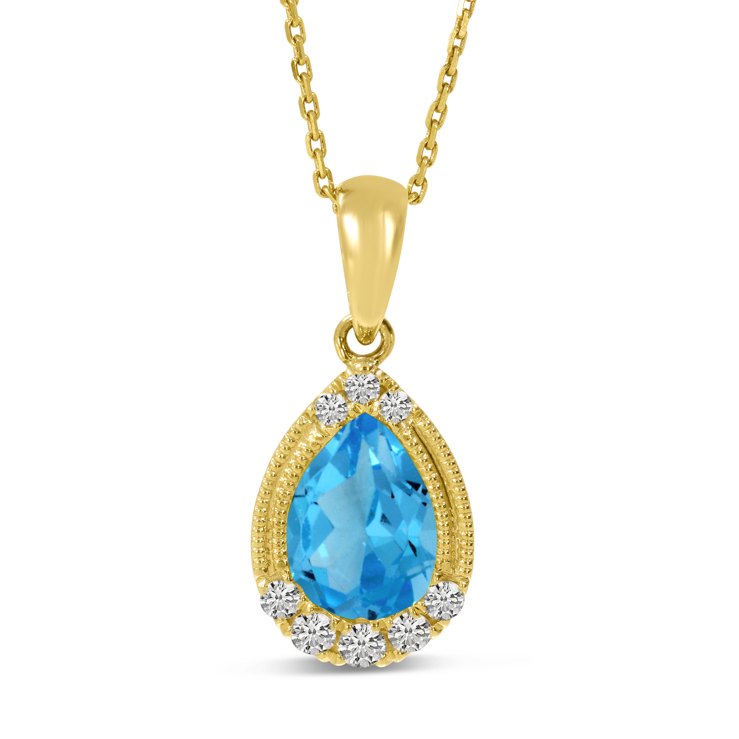 14K Yellow Gold Pear Blue Topaz and Diamond Pendant