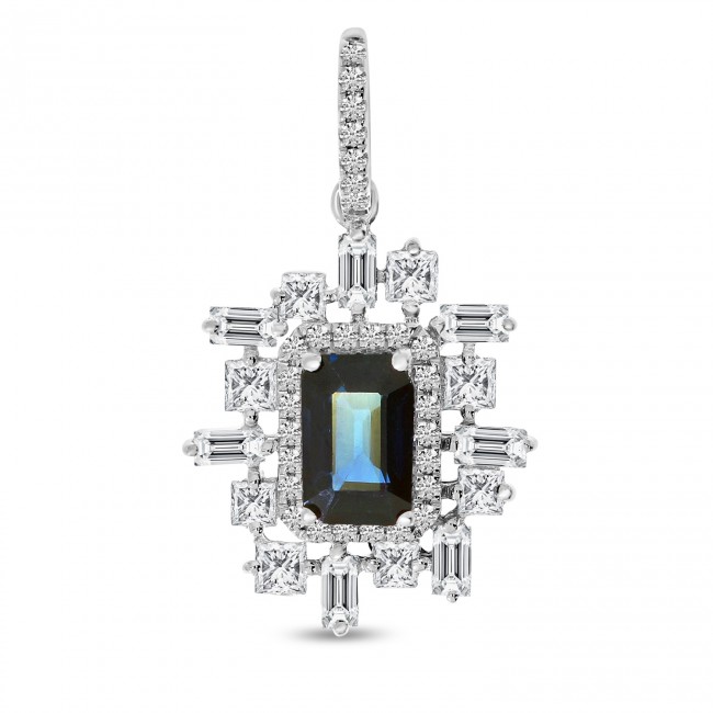 14K White Gold Octagon Sapphire Surrounded by Baguette, Princess and Round Diamonds Precious Pendant