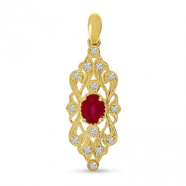 14K Yellow Gold Oval Ruby and Diamond Precious Pendant